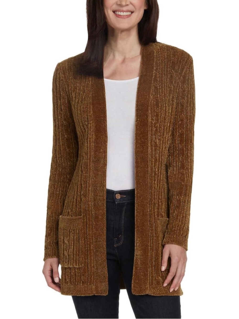 Matty M Women's Cozy Cable Open Front Chenille Cardigan Sweater, Tobacco, Medium